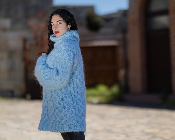 One available in size 5XL, Fluffy Blue Mohair Sweater, Chunky Turtleneck T1423