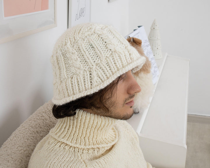 One available Cream 100 % Wool Hat , Hand Knit Hat T1347