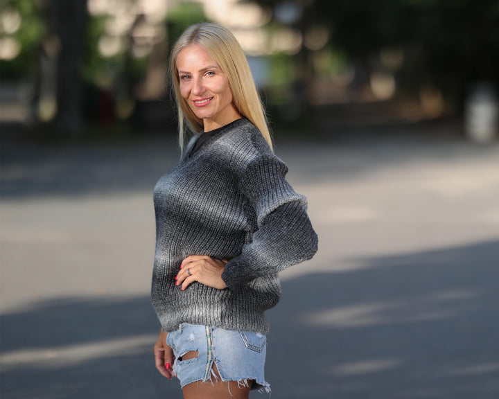One available in size XL, Hand Knitted Gray Alpaca Yarn V-Neck Sweater 1766
