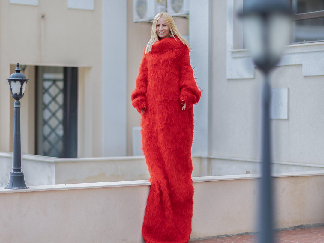 Extra Long Red Mohair Dress, Hand Knitted Turtleneck Sweater Maxi Dress T1079