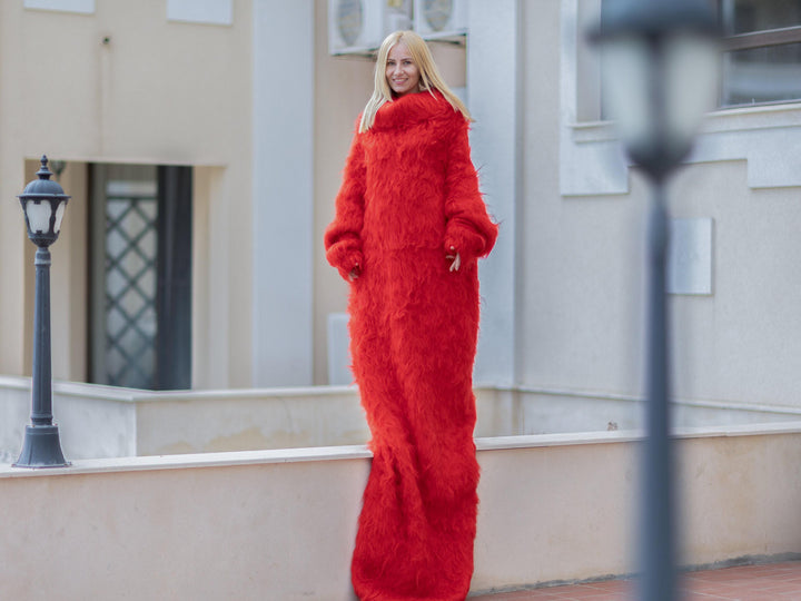Extra Long Red Mohair Dress, Hand Knitted Turtleneck Sweater Maxi Dress T1079