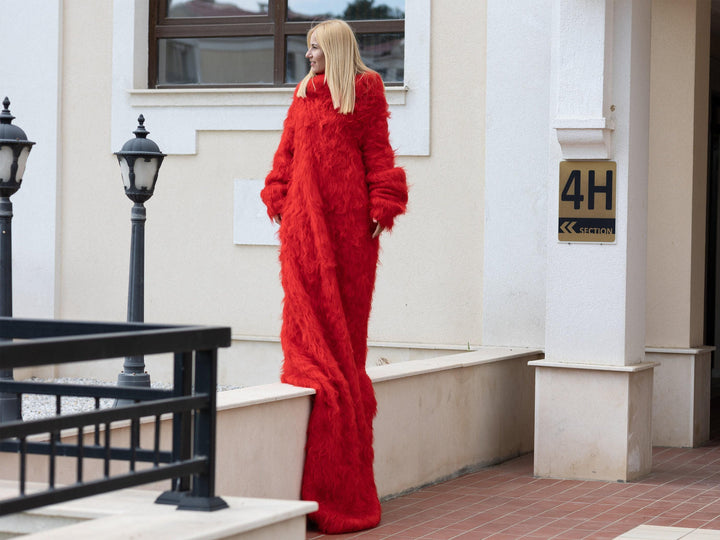Extra Long Red Mohair Dress, Hand Knitted Turtleneck Sweater Maxi Dress T1079