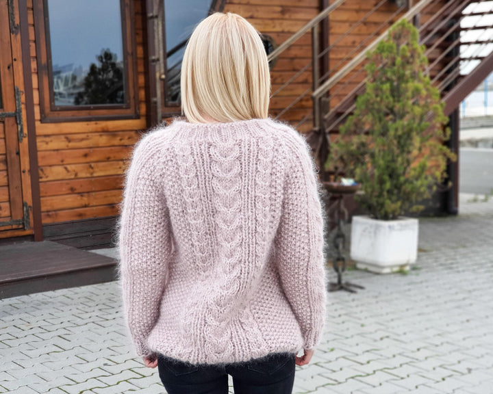 Beige Cabled Mohair Sweater – Hand-Knitted Crewneck Pullover T916