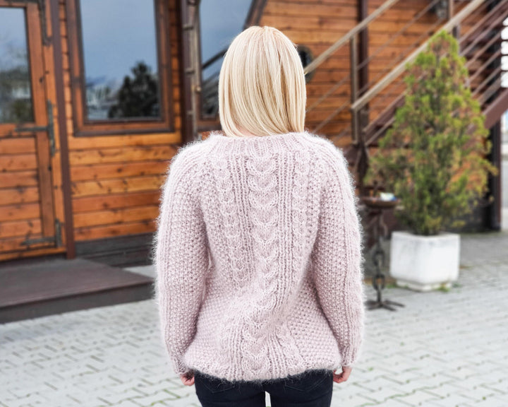 Beige Cabled Mohair Sweater – Hand-Knitted Crewneck Pullover T916