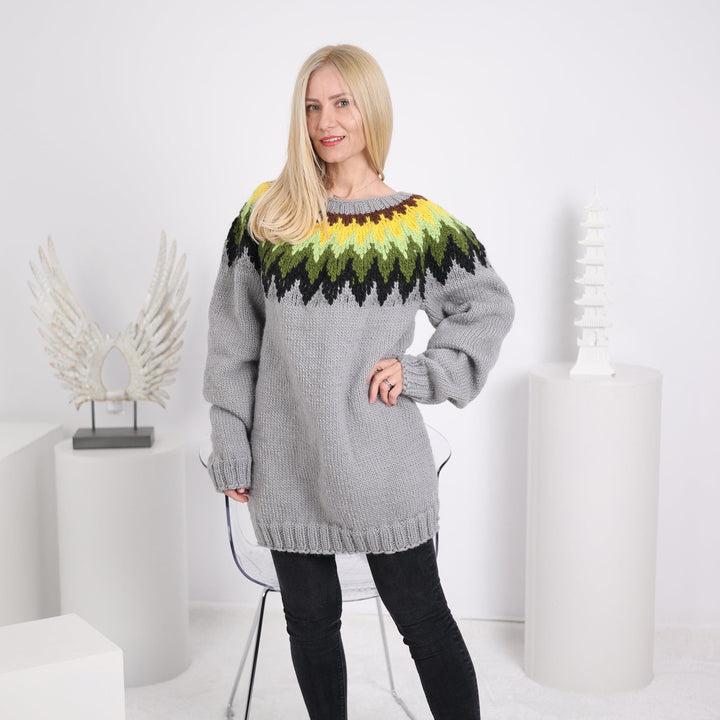 One available in size 4XL, Lopi wool Sweater, Hand knitted gray pullover  T1632