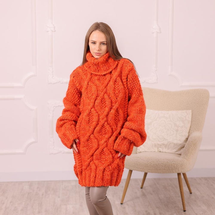 Chunky Cable Knit Sweater, Hand Knitted Orange Wool Alpaca Oversized Warm Pullover T1996