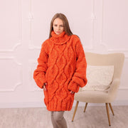 Pull en maille torsadée épaisse, tricoté main, orange, en laine alpaga, chaud et oversize, T1996