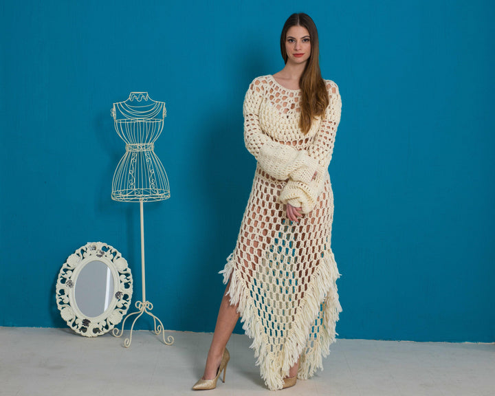 Transparent Wool Dress, Hand Knitted 100% Wool Crochet Tunic T997