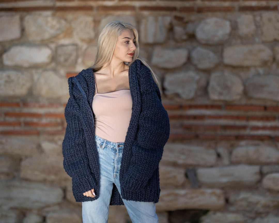 Extra Chunky Cardigan – 15-Strand Hand Knitted Alpaca Merino Wool Blend T1415