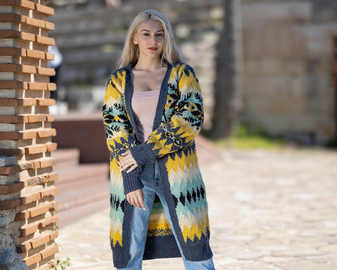 One available in size XL , 100% Wool Cardigan, Hand knit Coat T1429