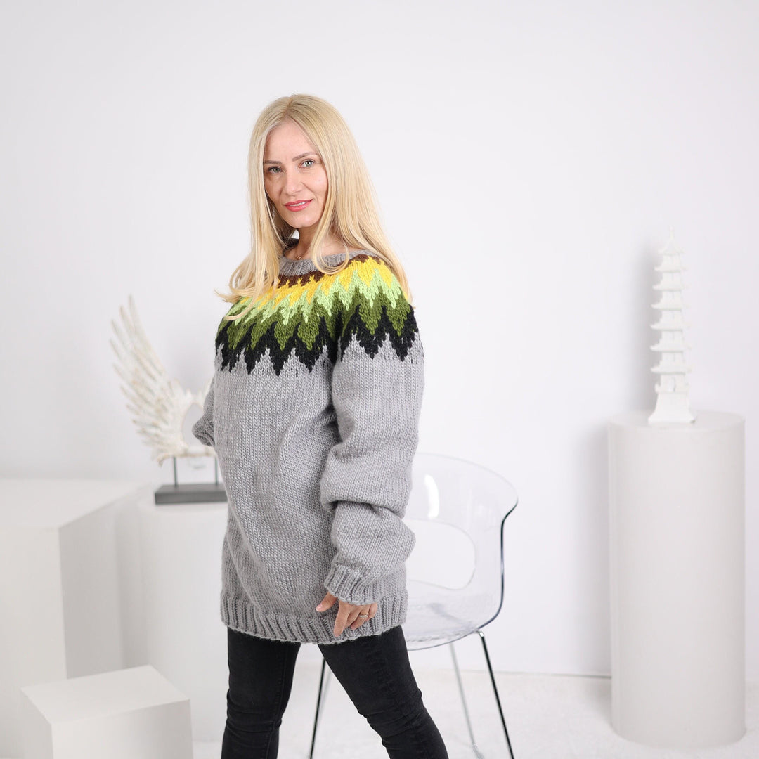 One available in size 4XL, Lopi wool Sweater, Hand knitted gray pullover  T1632