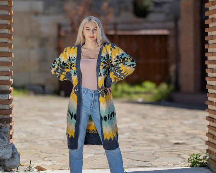 One available in size XL , 100% Wool Cardigan, Hand knit Coat T1429