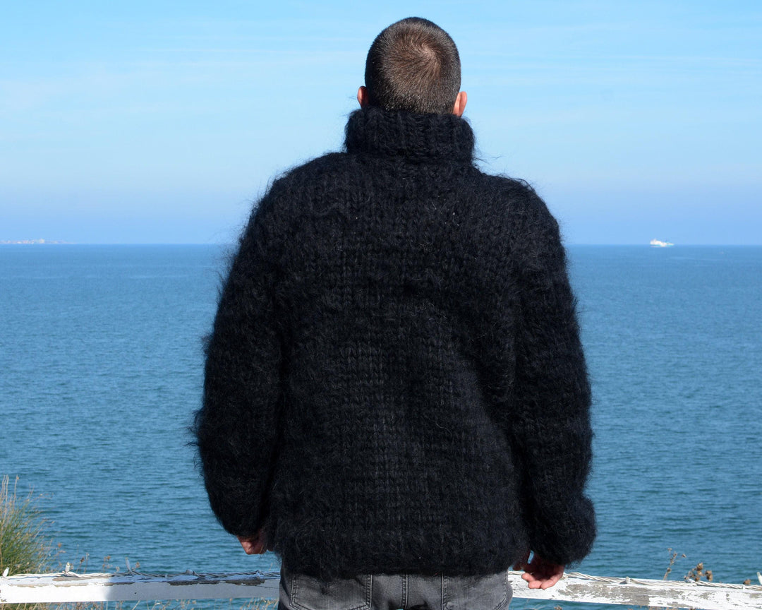 Black Mohair–Wool Mix Sweater – Hand-Knitted Chunky Turtleneck Pullover T674W