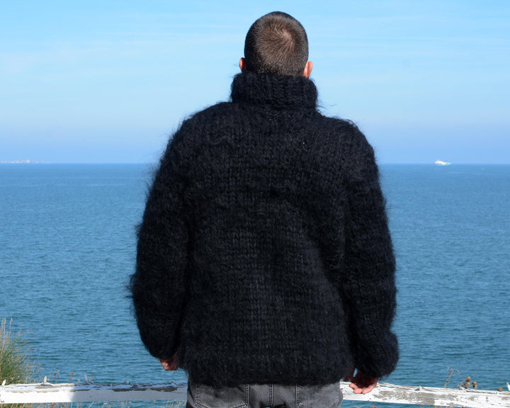 Black Mohair–Wool Mix Sweater – Hand-Knitted Chunky Turtleneck Pullover T674W