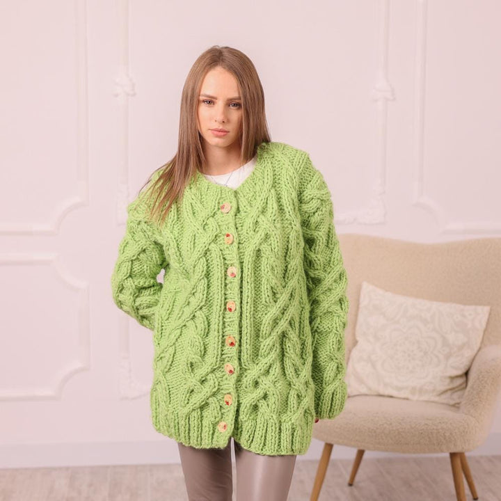 One available in size 3XL, Wool Cable Knit Cardigan –  Chunky Buttoned Wool Jacket T2007