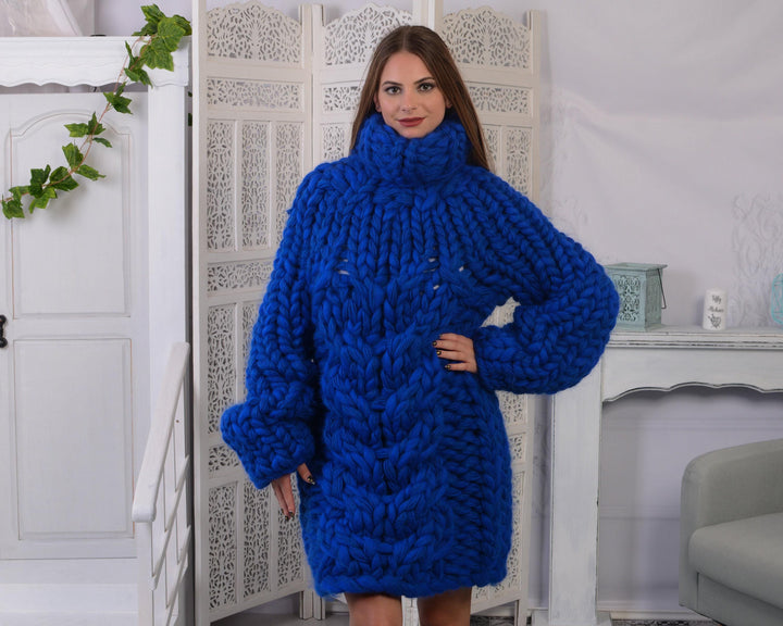 Chunky Mohair–Merino Roving–Soft Wool Mix Sweater – Hand-Knitted Jumper – Arm Knit Pullover T791W