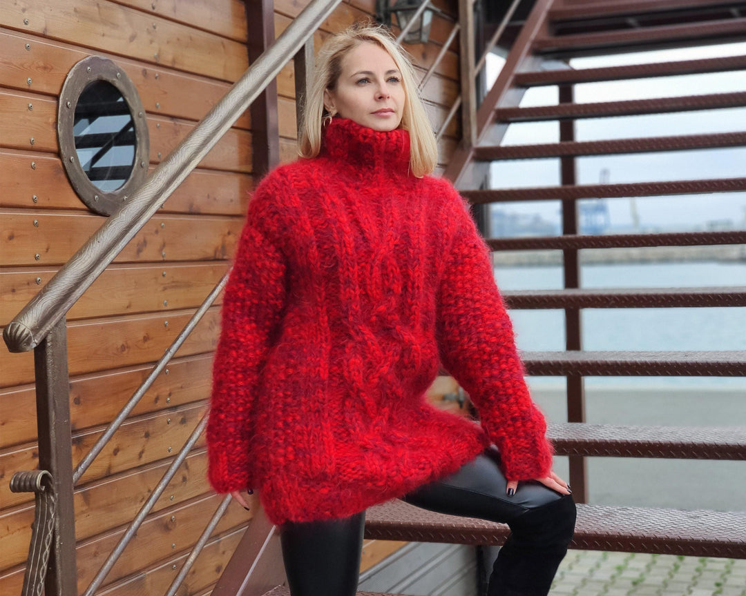 8-Strand Red Melange Mohair Sweater – Hand-Knitted Cabled Fluffy Oversized Pullover T947