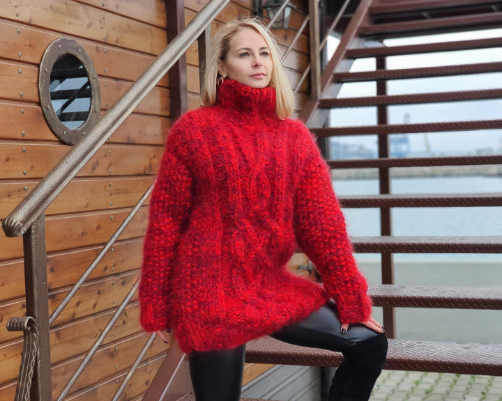 8-Strand Red Melange Mohair Sweater – Hand-Knitted Cabled Fluffy Oversized Pullover T947