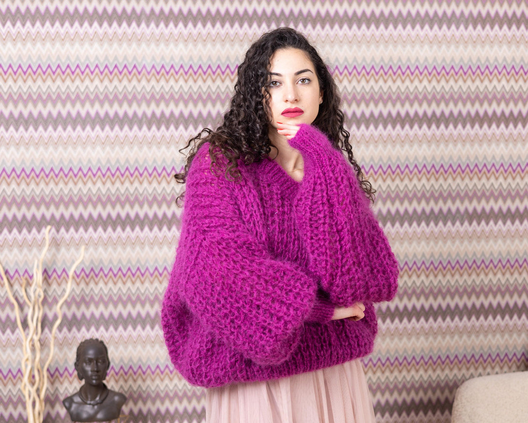 Loose Knit Mohair Sweater – Hand-Knitted English Rib Oversized V-Neck Fisherman Pullover T1546