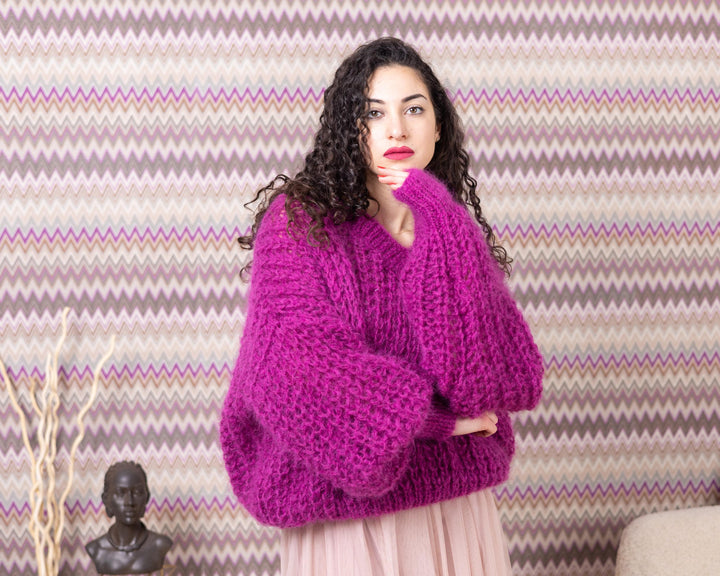 Loose Knit Mohair Sweater – Hand-Knitted English Rib Oversized V-Neck Fisherman Pullover T1546