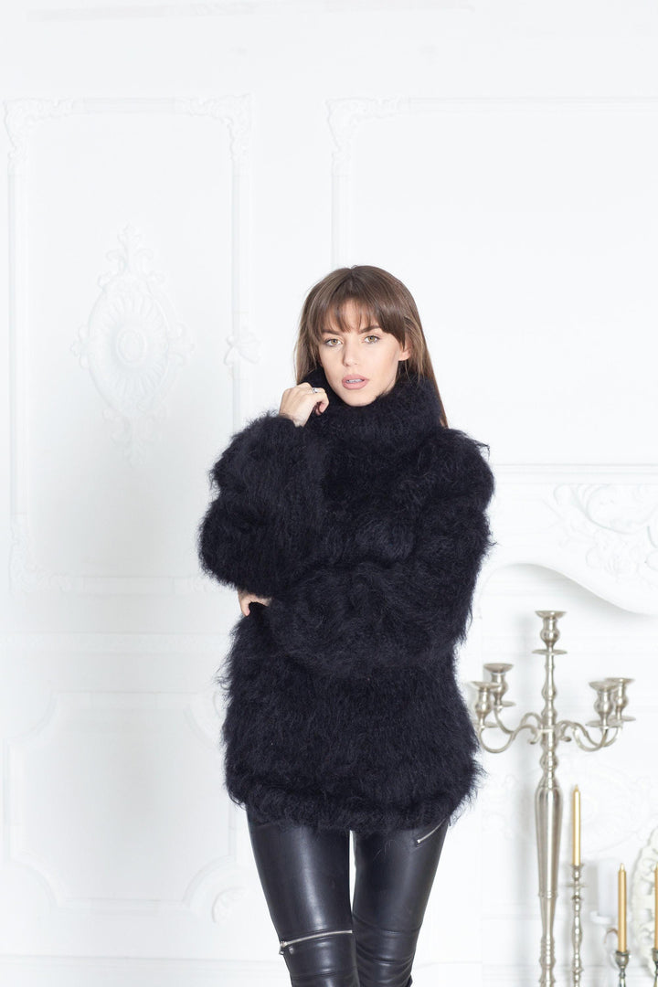Hand Knitted Black Mohair Sweater, Fluffy Hairy Warm Pullover T616