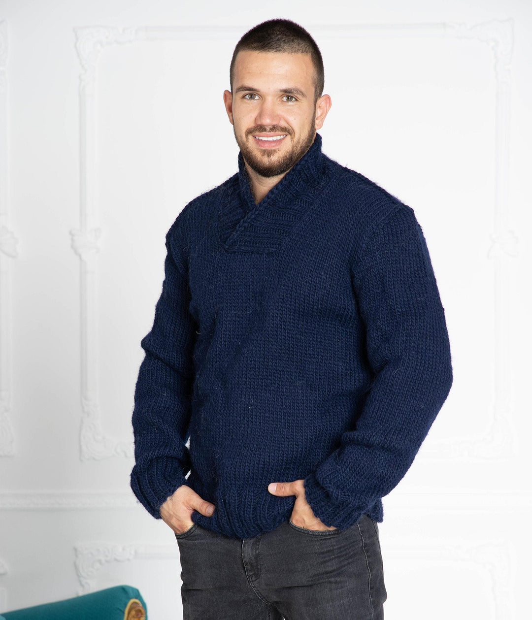 One available in size XL Blue Hand Knit 100% WOOL V neck Sweater T638M