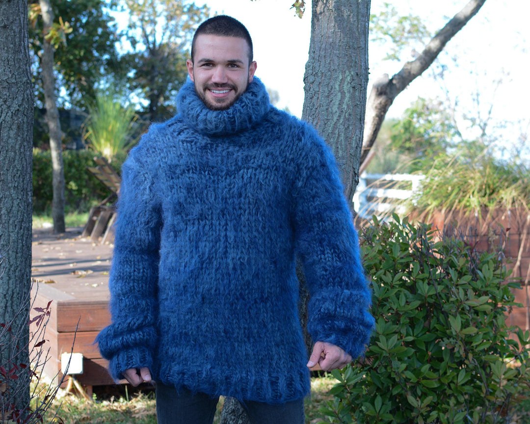 Blue Hand-Knitted Mohair and Wool Sweater – Thick Knit Turtleneck Jumper T673M