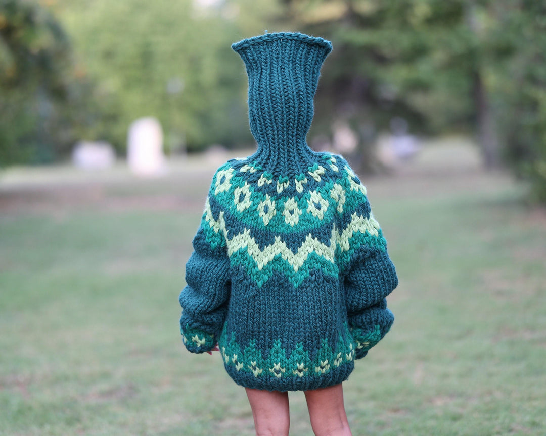 Super Chunky Nordic Wool Sweater with Extra Long Neck, Hand Knitted Icelandic Pullover T1463