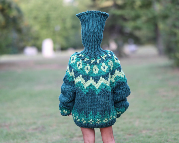 Super Chunky Nordic Wool Sweater with Extra Long Neck, Hand Knitted Icelandic Pullover T1463