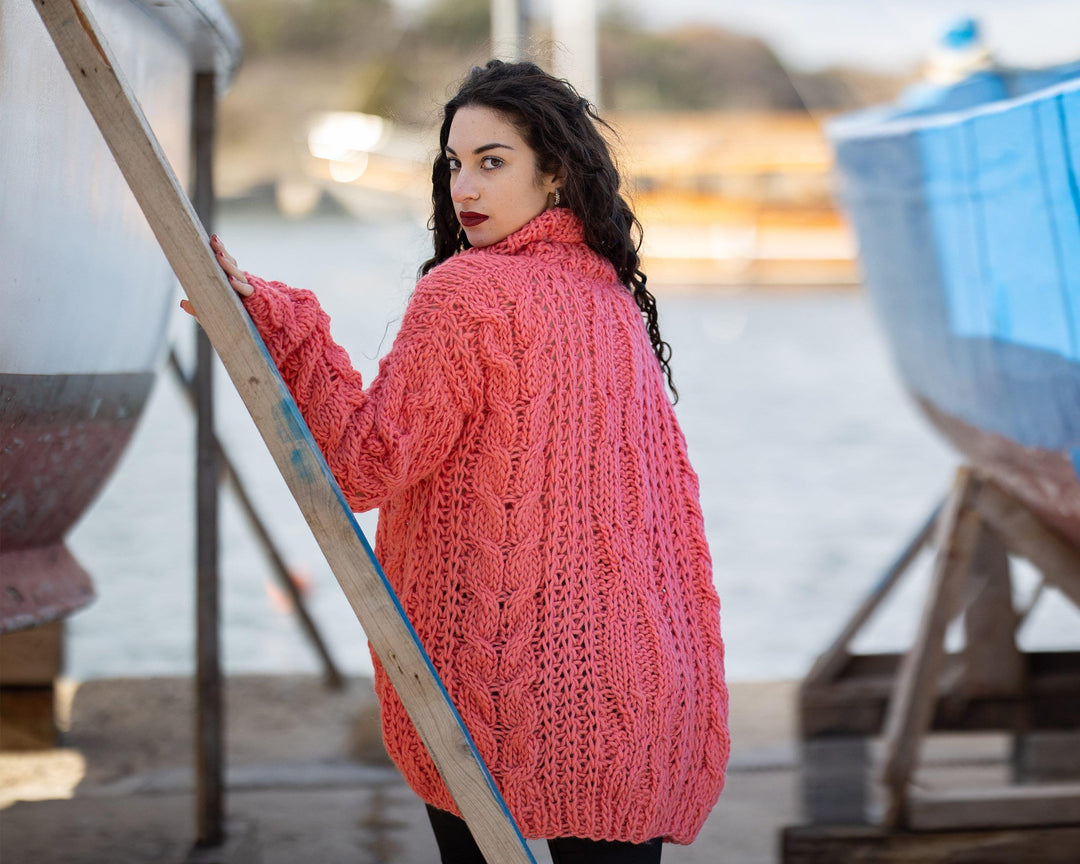 Coral Cable Knit Wool Sweater, Hand Knitted, Size 5XL T796
