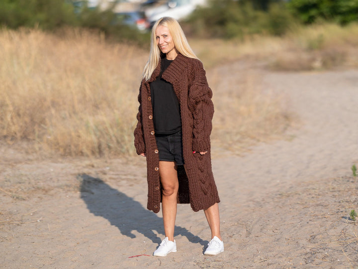 Brown Wool Cardigan – Hand Knitted Cable Knit Sweater T1239