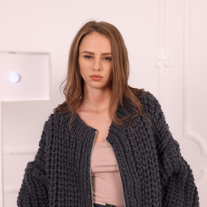 One available in size 9XL, Chunky Wool Cardigan with Zipper, Hand Knitted Jacket T2031