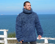 Blue Hand-Knitted Mohair and Wool Sweater – Thick Knit Turtleneck Jumper T673M