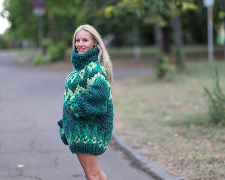 Super Chunky Nordic Wool Sweater with Extra Long Neck, Hand Knitted Icelandic Pullover T1463