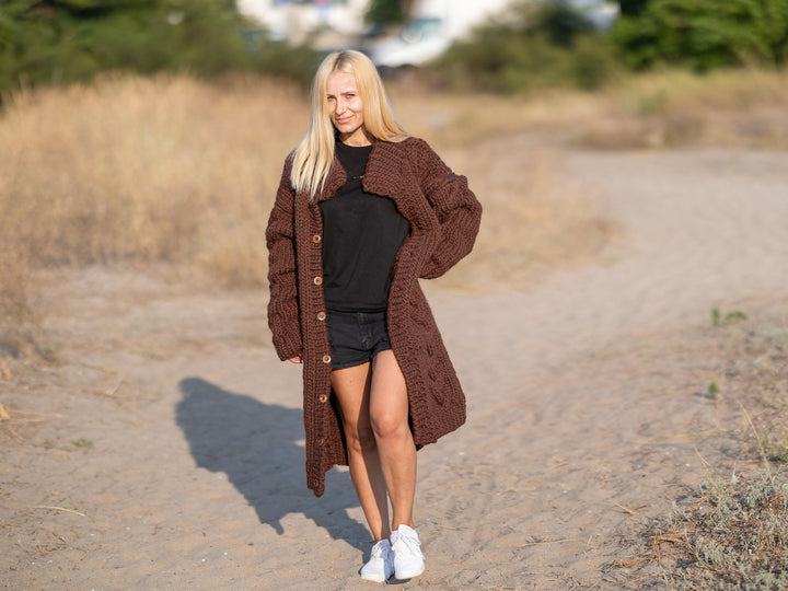 Brown Wool Cardigan – Hand Knitted Cable Knit Sweater T1239