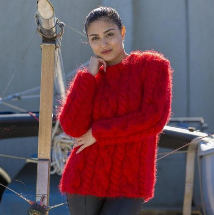 Fuzzy Mohair Sweater – Hand-Knitted Cabled Chunky Oversized Crewneck Pullover T564