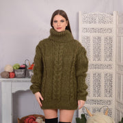 Olive Green 3-Strand Cable Rib Mohair Turtleneck Sweater T697W