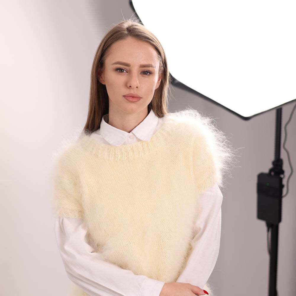 Fluffy Mohair Sweater, Hand Knitted Short Sleeve Jumper in Soft Cream T2042