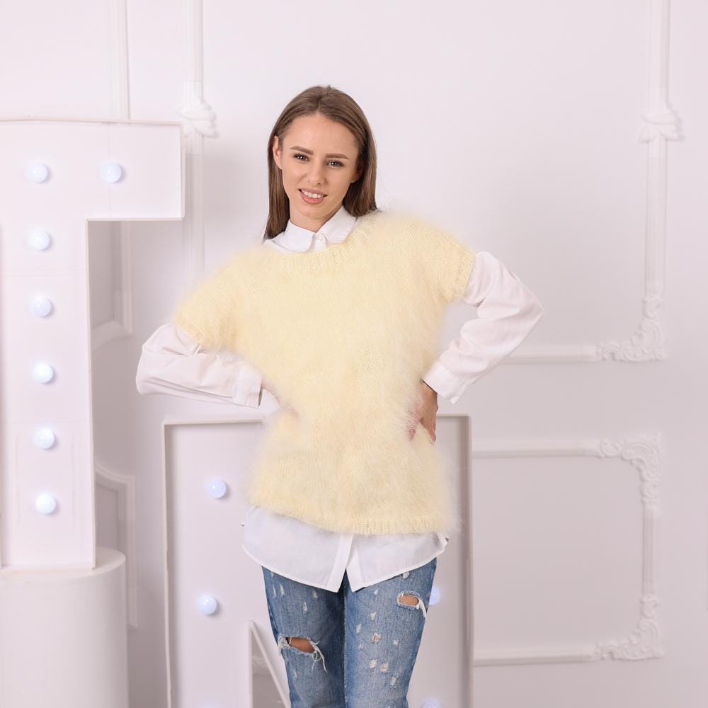 One available in size  M ,  Fluffy Mohair Sweater, Hand Knitted Short Sleeve Jumper  T2042