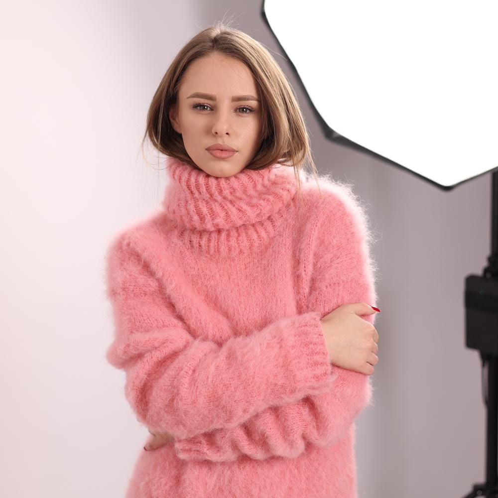 One available in size XL, Pink Fluffy  Baby Suri Alpaca Sweater T2044
