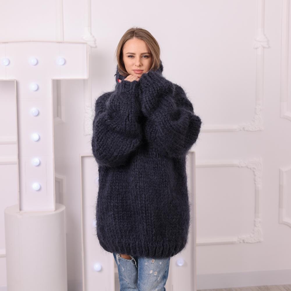 Dark Gray Chunky Mohair Sweater, Hand Knitted Heavy 12 Strand Fluffy Jumper T2045