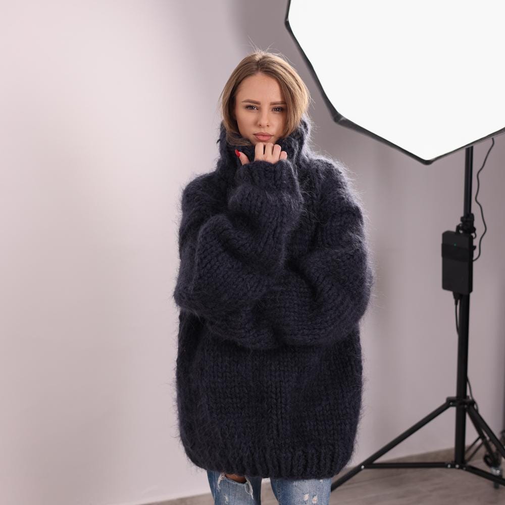 Dark Gray Chunky Mohair Sweater, Hand Knitted Heavy 12 Strand Fluffy Jumper T2045