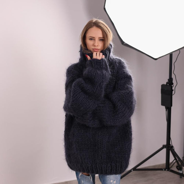 Dark Gray Chunky Mohair Sweater, Hand Knitted Heavy 12 Strand Fluffy Jumper T2045
