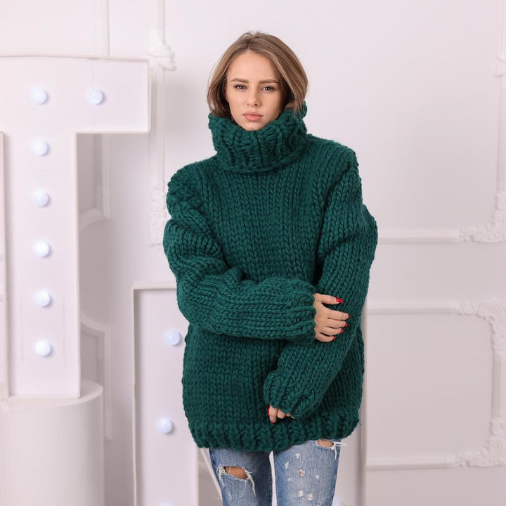 Chunky Green Wool Sweater, Hand Knitted 5 Strand 100 Percent Wool Turtleneck Jumper T2046