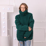 Pull en laine vert épais, tricoté main 5 brins 100 % laine col roulé T2046