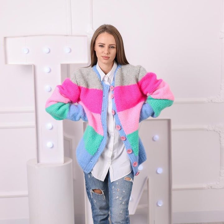 One available in size 4XL,  Striped Alpaca Cardigan, Hand Knitted 10 Strand Jacket T2037