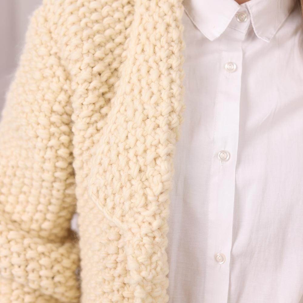 One available in size 6XL, Cream Wool Cardigan, Hand Knitted Seed Stitch Sweater T2039