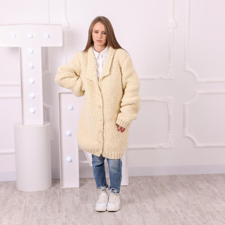 One available in size 6XL, Cream Wool Cardigan, Hand Knitted Seed Stitch Sweater T2039