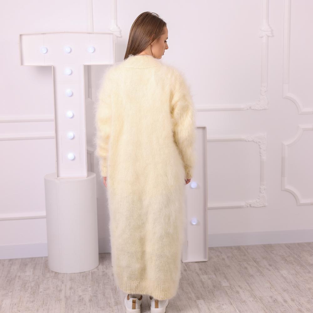 Long Cream Mohair Cardigan – Hand Knitted Fluffy Maxi Coat T2041