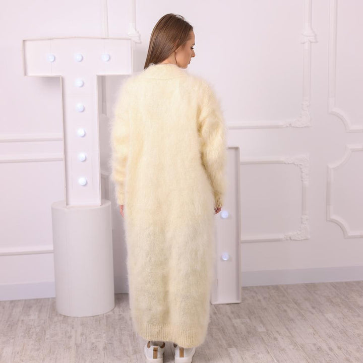 Long Cream Mohair Cardigan – Hand Knitted Fluffy Maxi Coat T2041